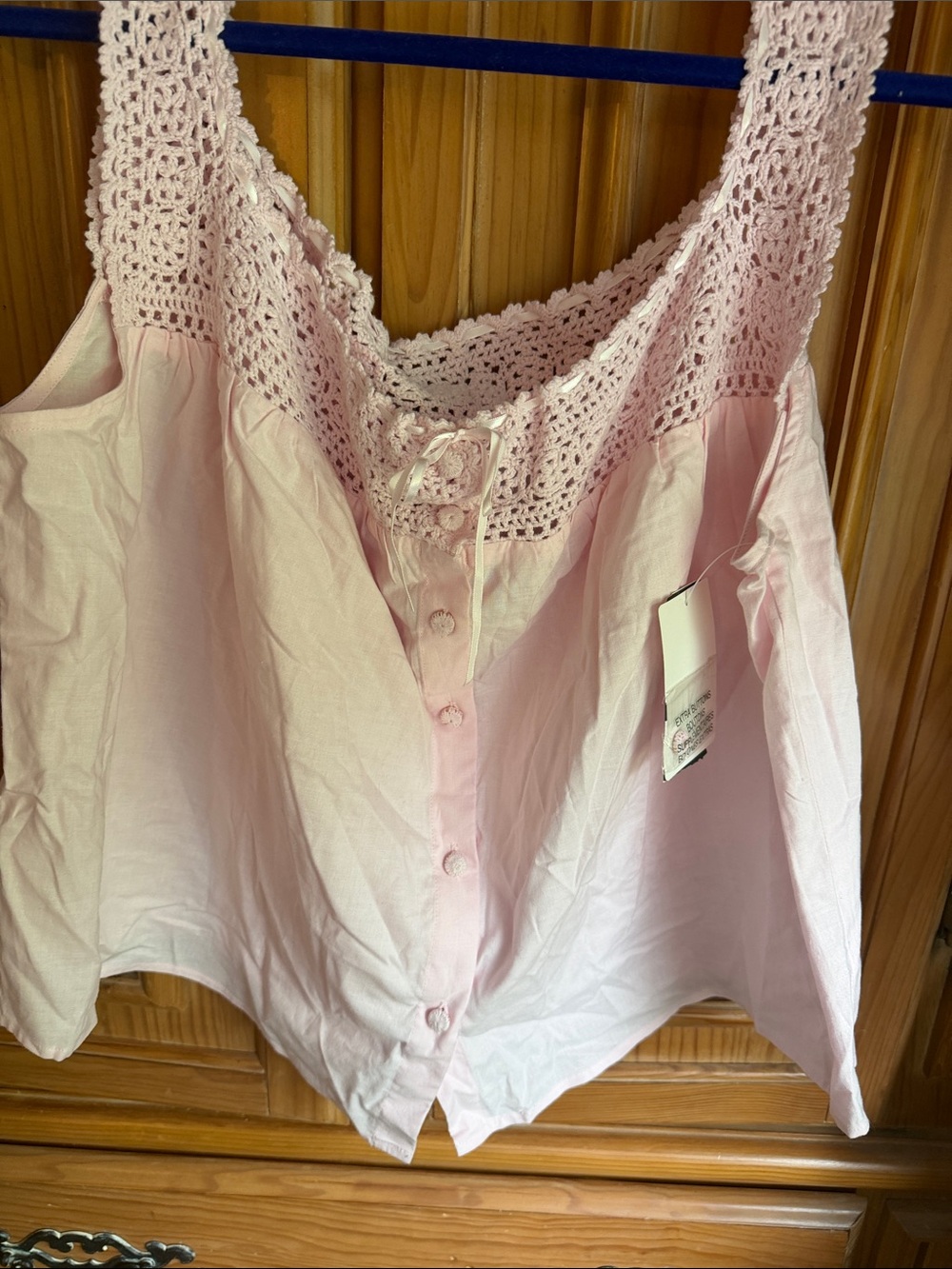 Ralph Lauren Light Pink Crochet-Trim Button Tank